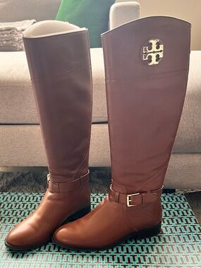 Tory Burch Brown Leather Tall Boots with Gold Logo